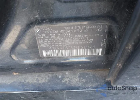 2006 BMW 330I из США, поврежденный, VIN WBAVB33536PS17466